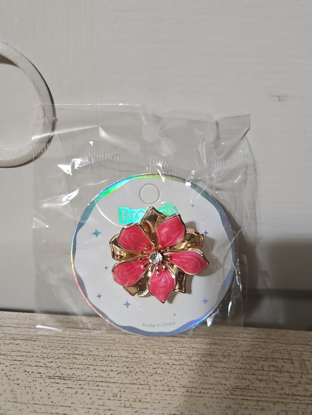 Floral Pink Gold Brooch Or Bag Charm with Crystal Accent